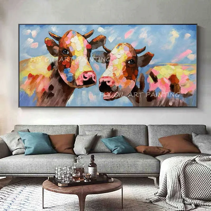 

100% Hand Painted Cow Cute Animal Big Size Modern Abstract Oil Painting Wall Art Pictures As A Gift