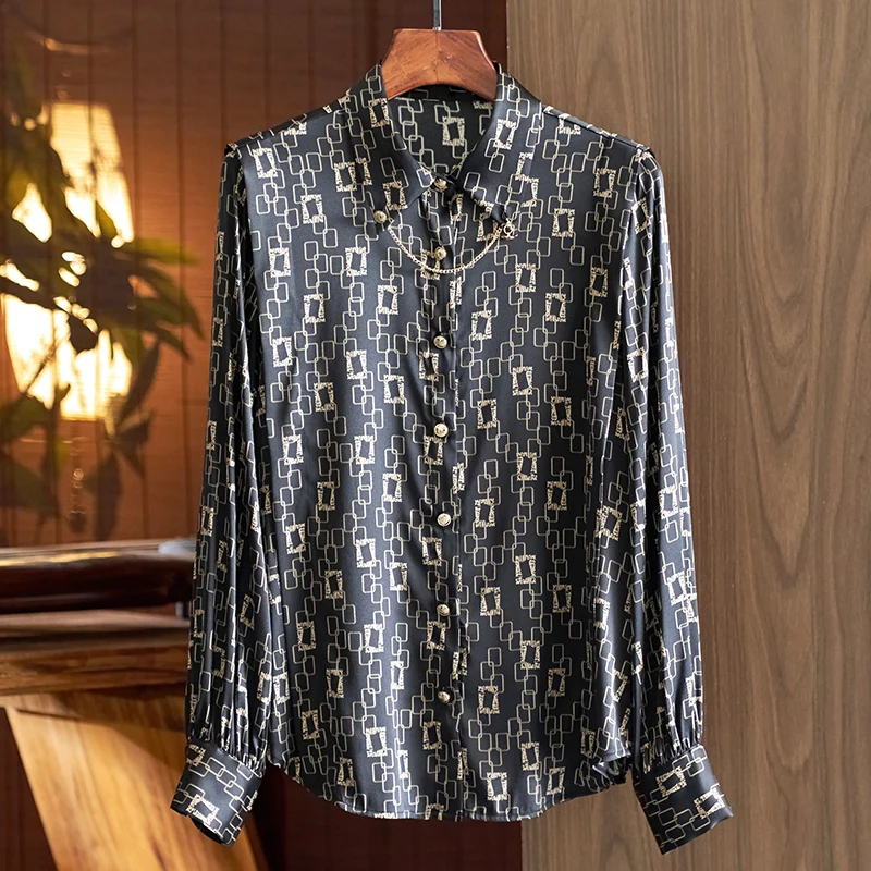 

Spring Autumn Women's Black Shirts Real Silk Blouses Elegant Turn-down Collar Long Sleeve Woman Shirt Vintage Blouse Print Tops