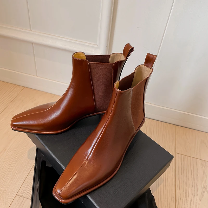 

Женские ботинки челси, зимняя обувь в уличном стиле, женская обувь из воловьей кожи с квадратным носком, демисезонные ботильоны без шнуровки с квадратным каблуком