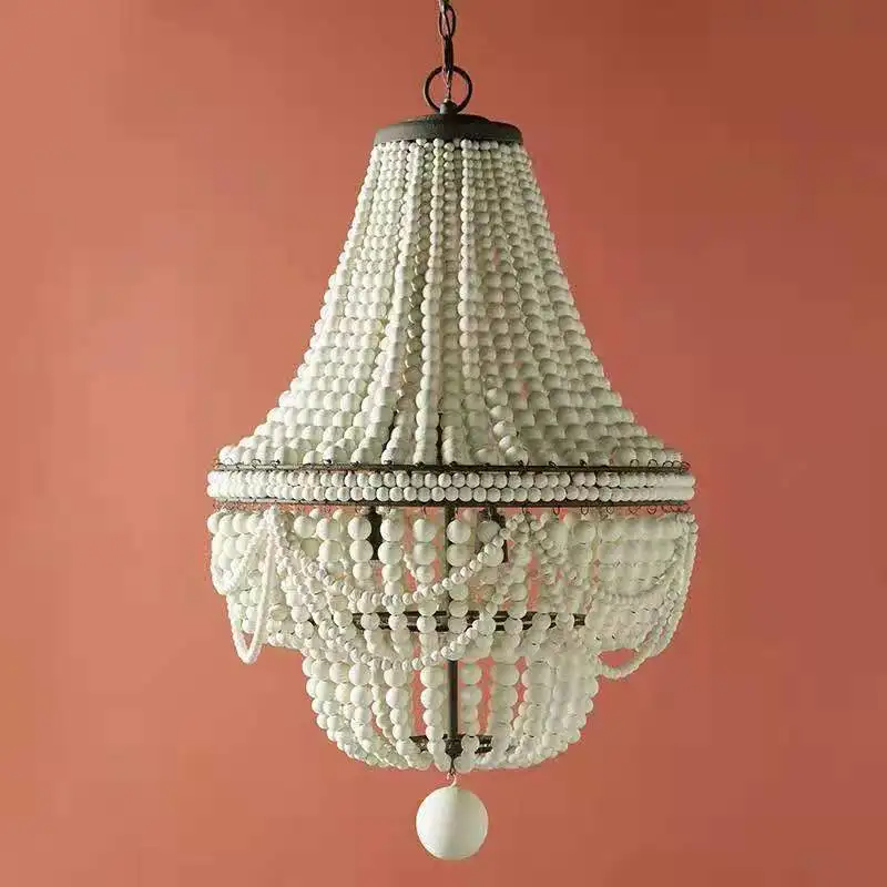 White Wood Bead Retro Chandelier In The Living Room Bohemian Style Princess Children And Girls French Cream LED Lighting Fixture