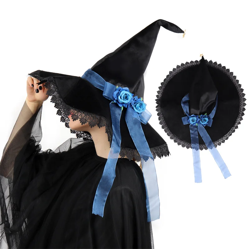 

DAZCOS Black Velvet Witch Hat with Lace Brim for Women Wizard Hat Adult Gothic Lolita Cosplay Accessories Halloween Party Hat