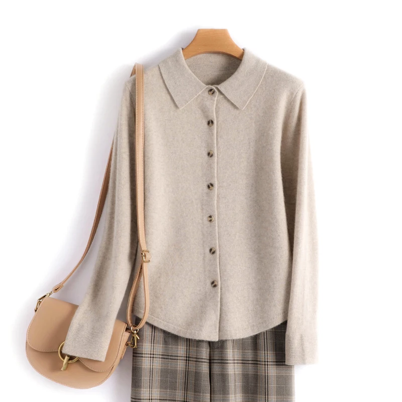 

2022 autumn and winter new cashmere cardigan women loose solid color sweater polo shirt collar sweater knitted bottoming