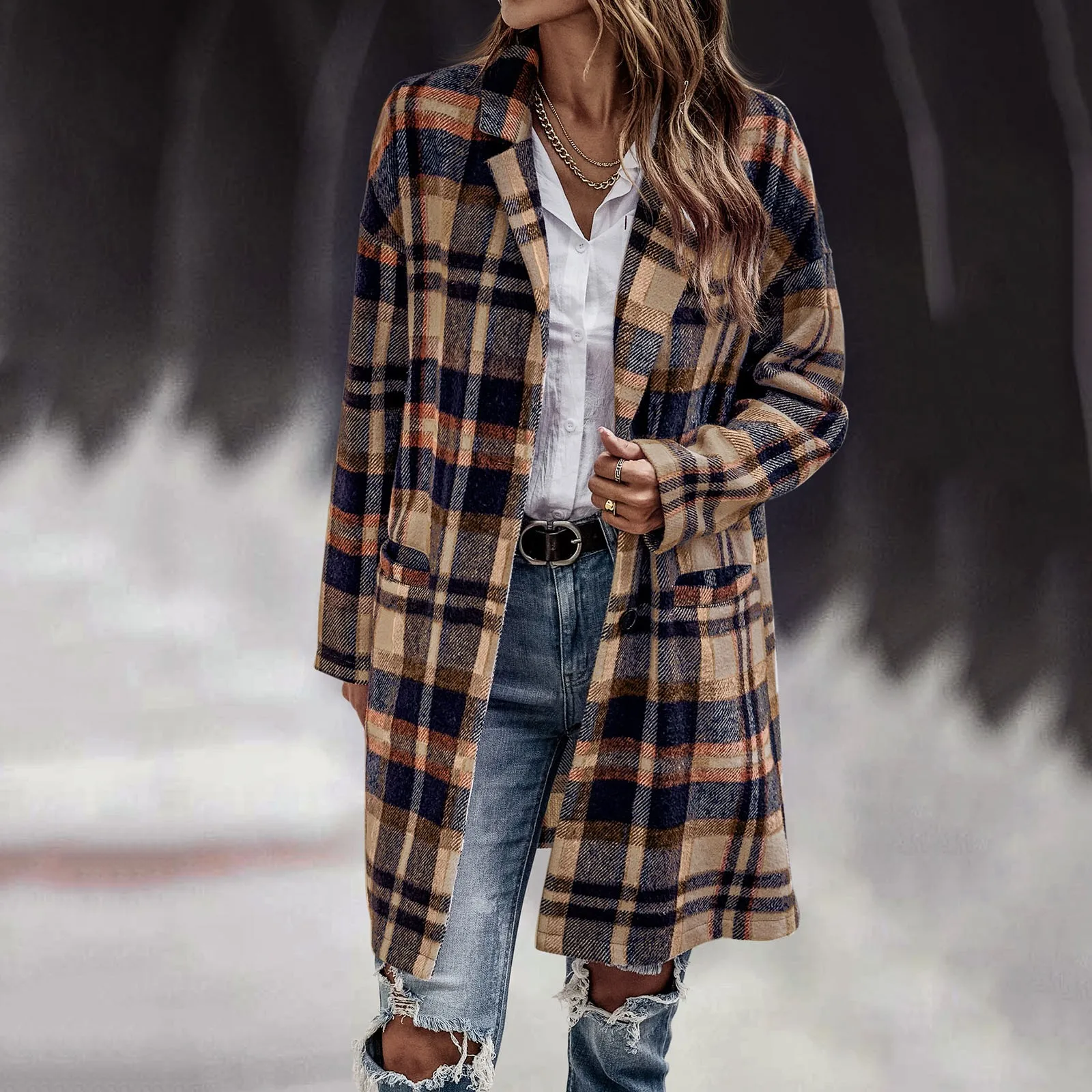 

Women Fashion Casual Lapel Button Long Sleeve Plaid Shirt Lime Wool Coat Thermal Winter Jackets Winter Women Womens Coats Tan