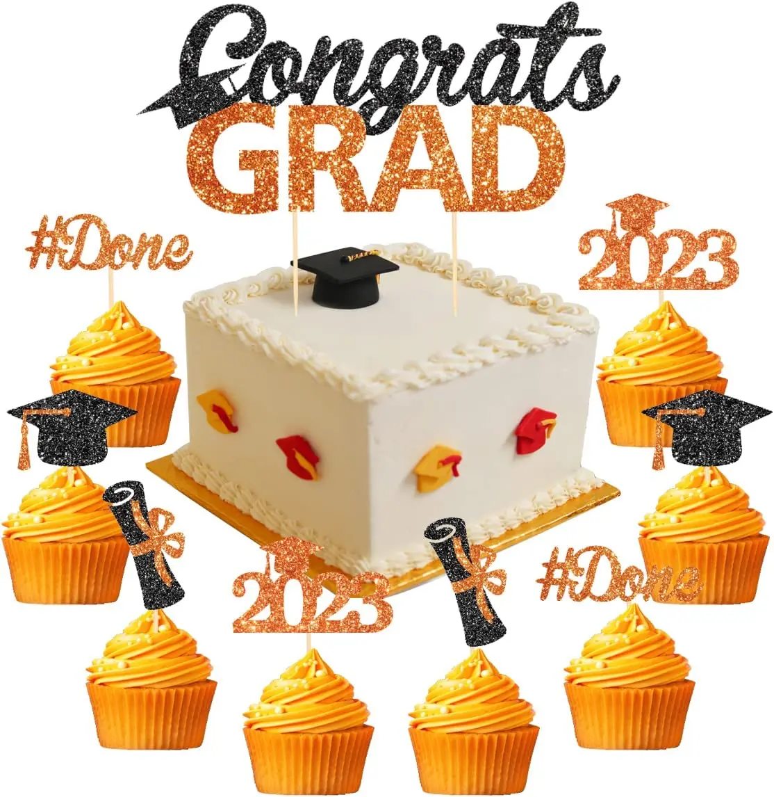 

Graduation Decorations Orange and Black 2023 Congrats Grad Cake Topper Cupcake Picks for High School College Graduation Party