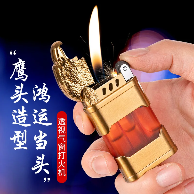 

Eagle head grinding wheel lighter creative inflatable open flame lighter metal transparent gas box igniter