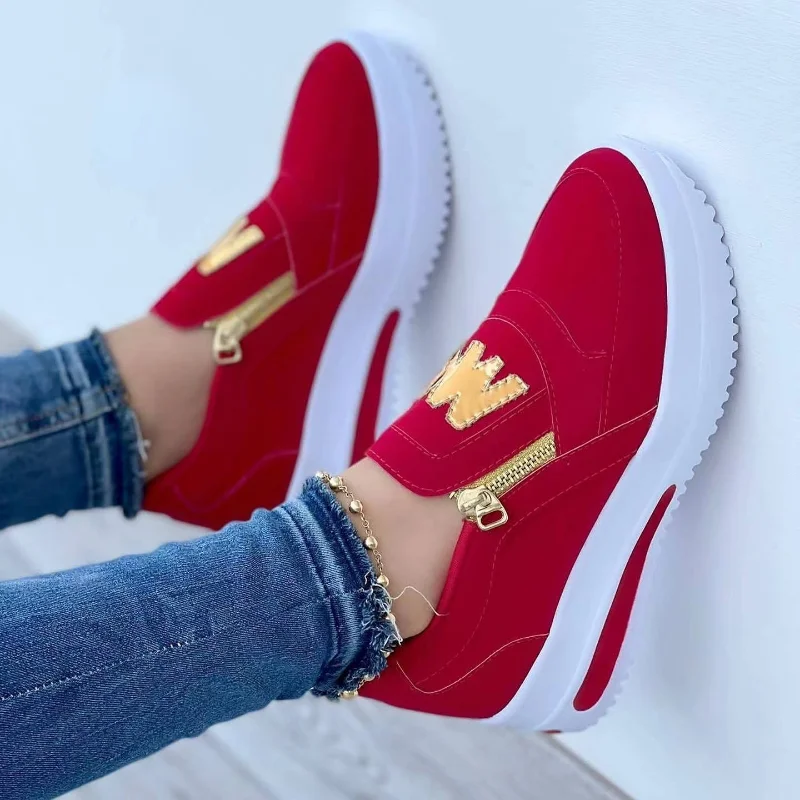

Women's Sneakers 2023 New Fashion Print Thick-soled Loafers Solid Color Leather Zipper Non-slip Vulcanized Shoes Plus Size 35~43