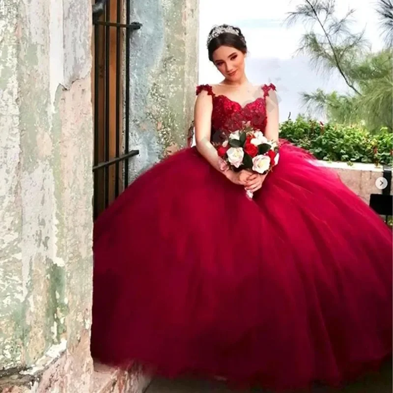 

Rose Quinceanera Dresses 3D Flowers For 15 Girls Princess Sheer Neck Luxury Vestido Beading Birthday Party Gowns