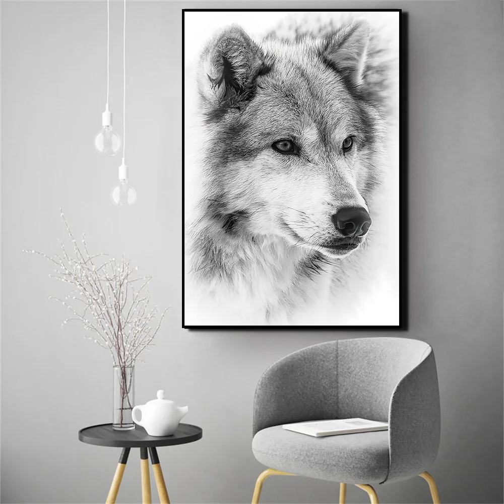 

Modern Minimalism Style Black And White Poster Cool Wolf Animal Canvas Painting Prints Wall Pictures For Living Room Decor
