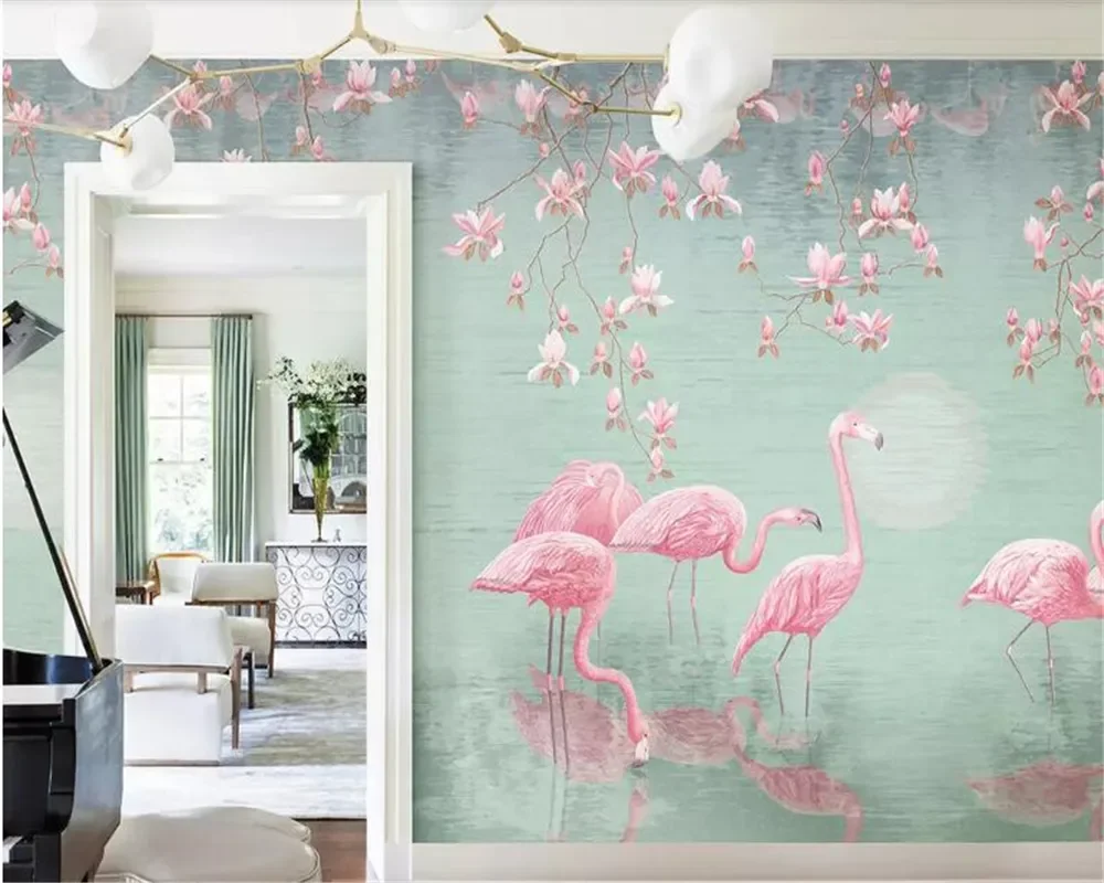 

NEW Custom tropical plant magnolia flamingo Nordic background wall idyllic hand-painted wallpaper home decoration mural