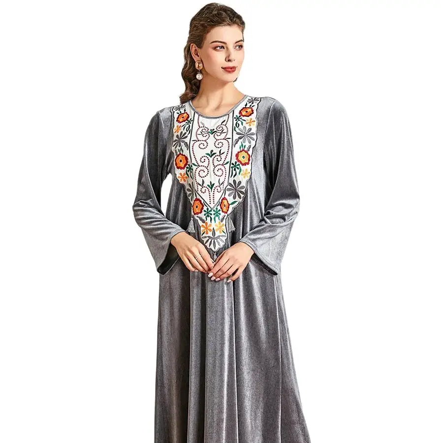 Мусульманское платье для женщин, мусульманские модные длинные платья, серые бархатные с цветочной вышивкой и длинными рукавами, абайя, Турц...