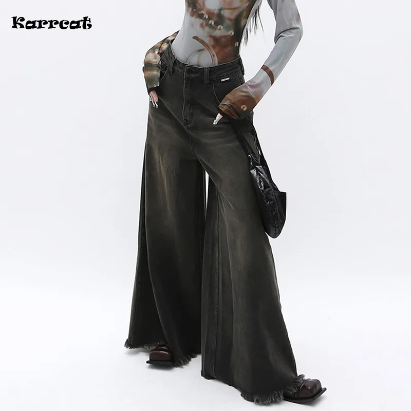 

Karrcat Grunge Wide Leg Jeans Vintage Gothic Black Jeans Korean Loose Boyfriend Jeans Dark Aesthetics Oversized Trousers 90s Y2k