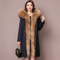 jacket winter pie overcome coat female raccoon dig fur collar rex rabbit fur liner medium long solid color simple coat coat