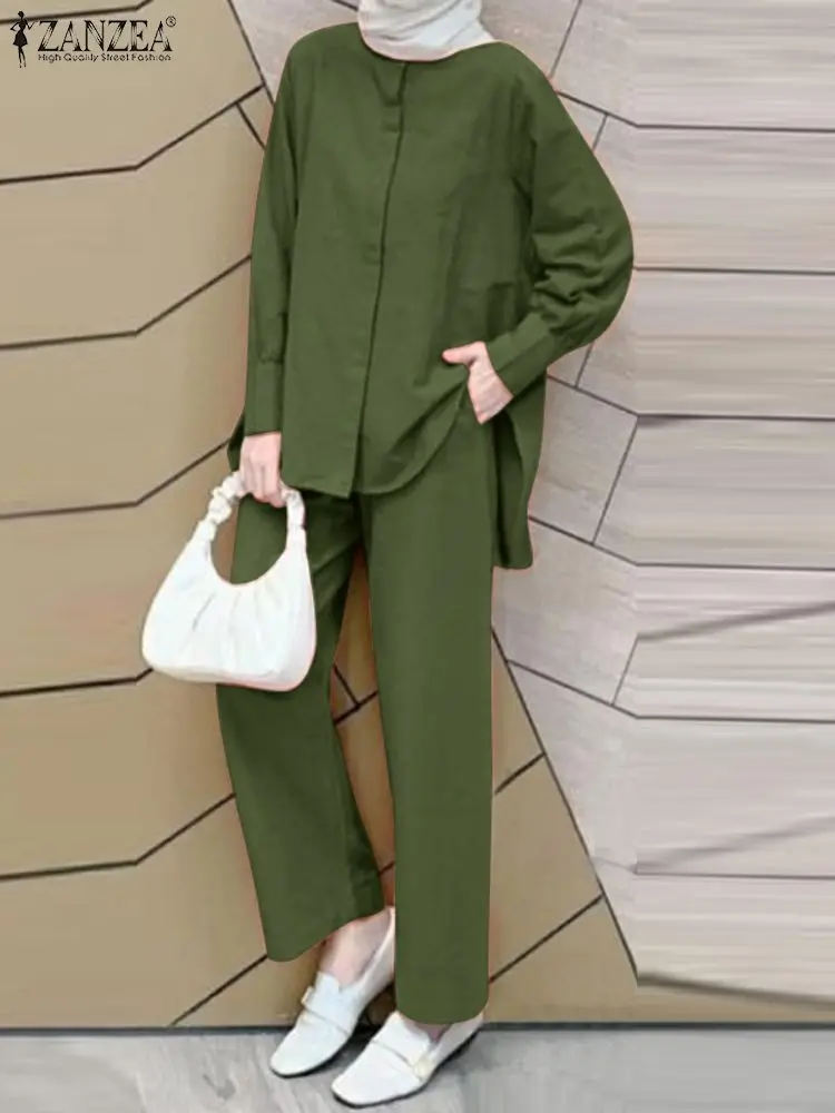 ZANZEA Eid Mubarek Muslim Sets Women Fashion Urban Tracksuit Long Sleeve Buttons Up Tops Loose Trouser Party Islamic Clothing