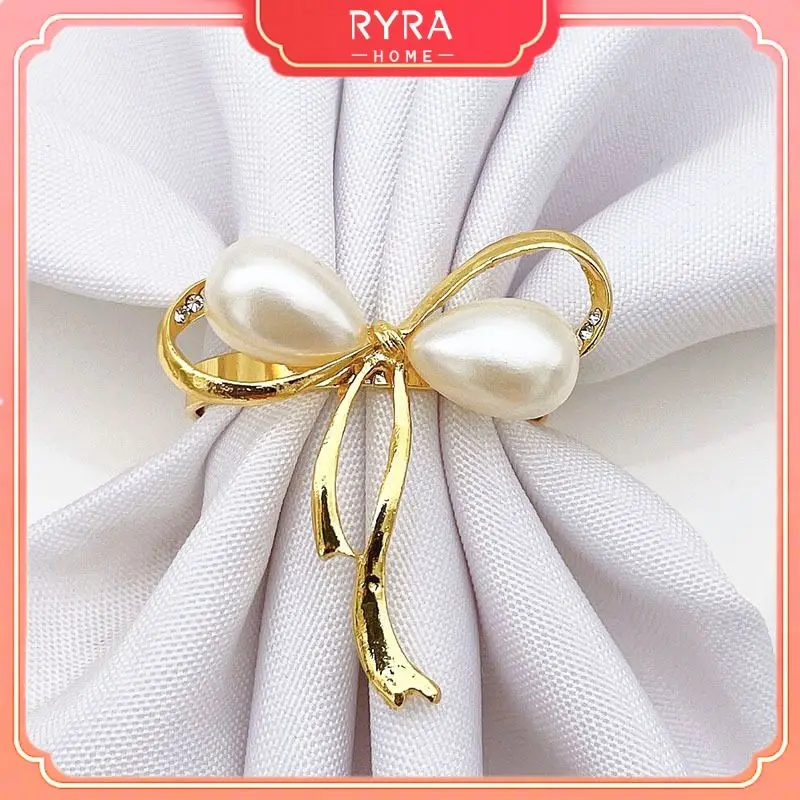 

Golden Pearl Bow Napkin Button Hotel Model Room Hotel Table Set Tableware Decoration Mouth Ring Napkin Ring