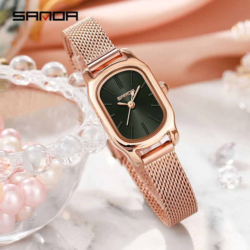 SANDA Fashion Simple Womens Quartz Watches Slim Dial Design 30M Waterproof Rose Gold Mesh Strap Women Casual Clock Reloj Mujer