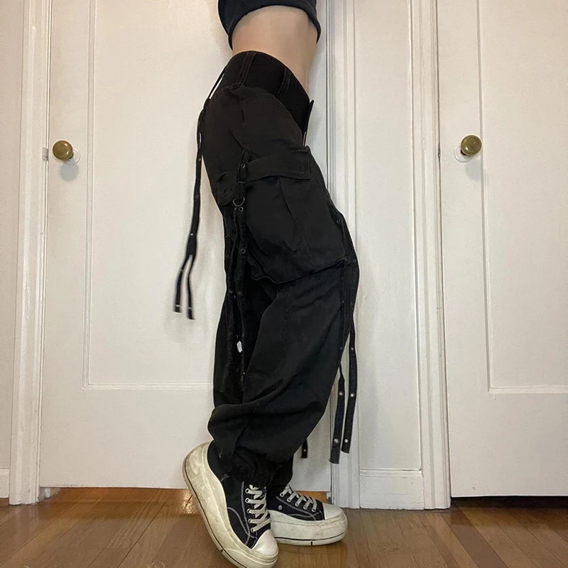 

WeiYao Y2K Bandage Cargp Pants Black Low Waisted Streetwear Grunge Punk Sweatpants Women Korean Goth Joggers Retro Outfits