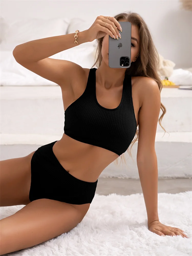 

Sexy Bikini High Waist Women Swimsuit 2022 New Solid Ribbed Swimwear Push Up Bikinis Set Summer Beachwear Bathing Suit Female