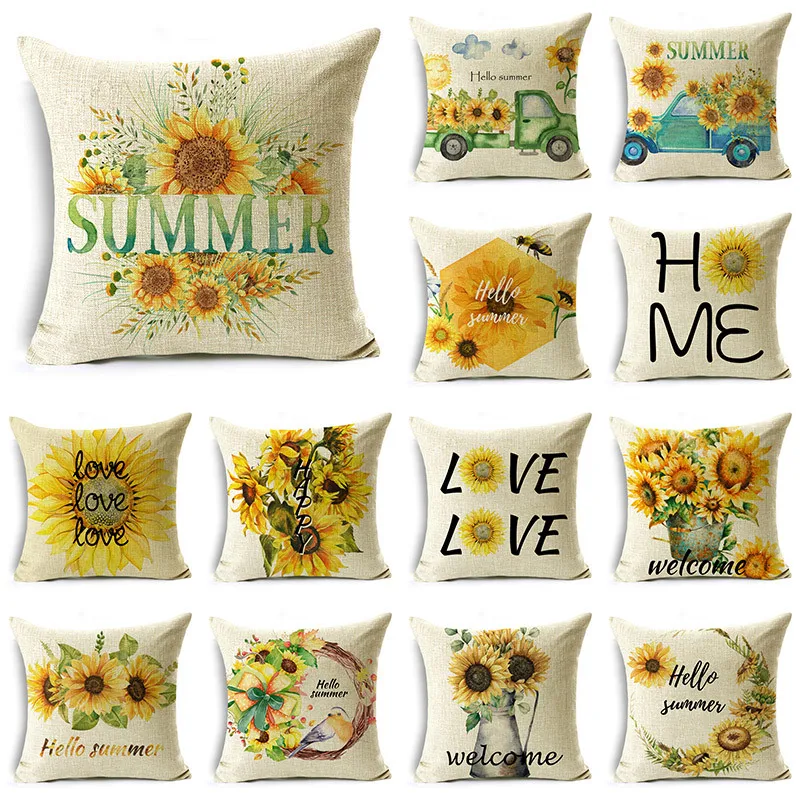 

Creative Summer Theme Pillow Cover Sunflower English Letters Bedside Car Lumbar Pillow Cushion Cover 40*40cm/45*45cm/50*50cm