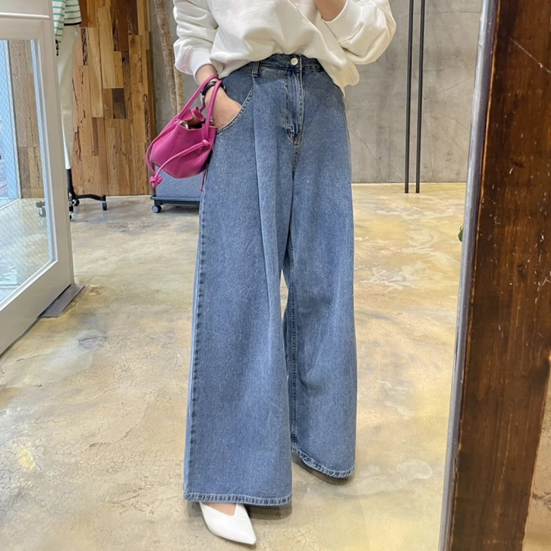 

Vintage Versatile Pleated High Waist Slim Wide Leg Jeans