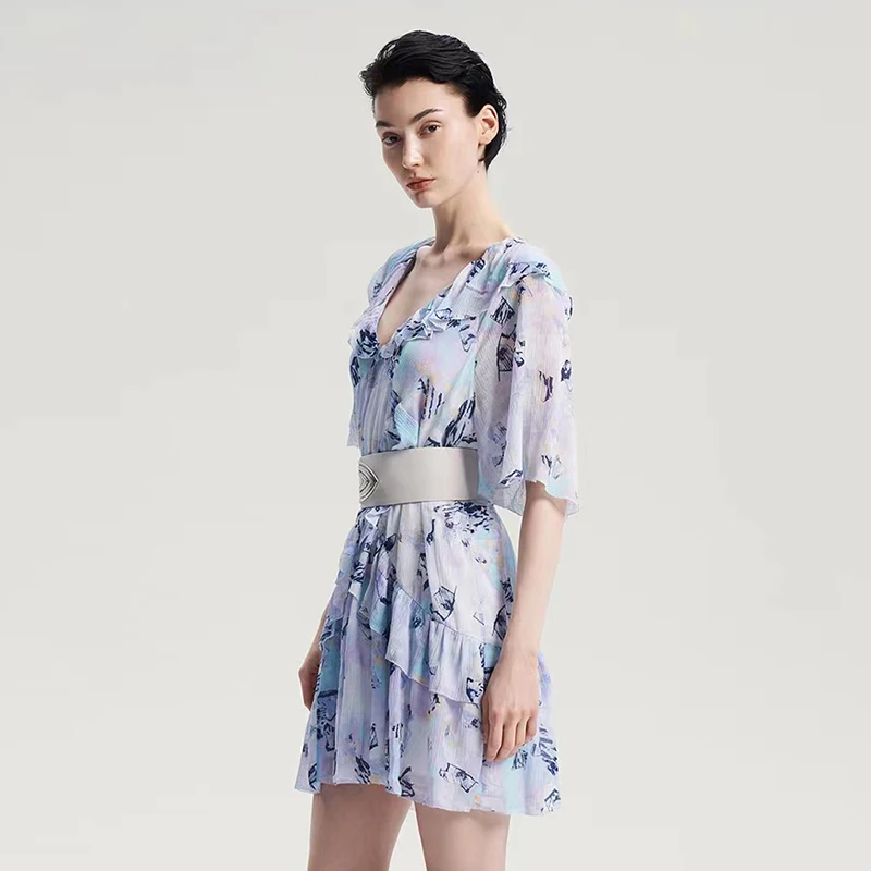 

2023 Spring and Summer Special Price Lavender V-neck Light Ladies Chiffon Print Dress