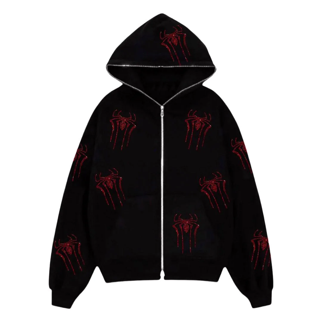 

Spider Rhinestone Printing Tide Brand Cardigan Jacket Europe The United States Loose Zipper Hoodies Sweater for Men and Women