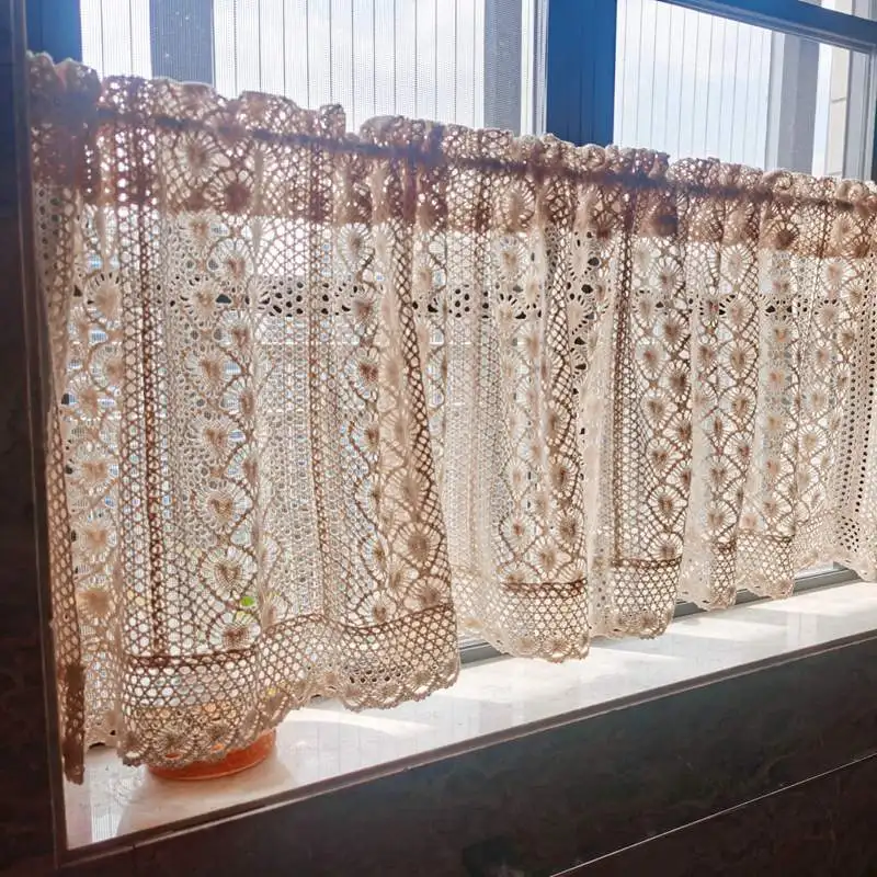 

1PCS Knitted Lace Tiers Short Curtains for Kitchen Cabinet Toilet Crocheted Beige Hollow Hole Lace Floral Door Cafe Decroation