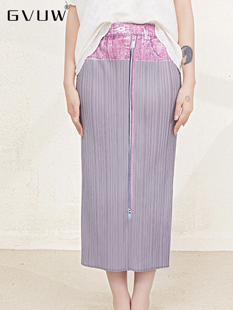 

GVUW Pleated Hip Wrap Skirts Women's Patchwork Denim Splited Zipper Female Pockets 2023 Summer New Fashion Elegant Skirt 17J1474