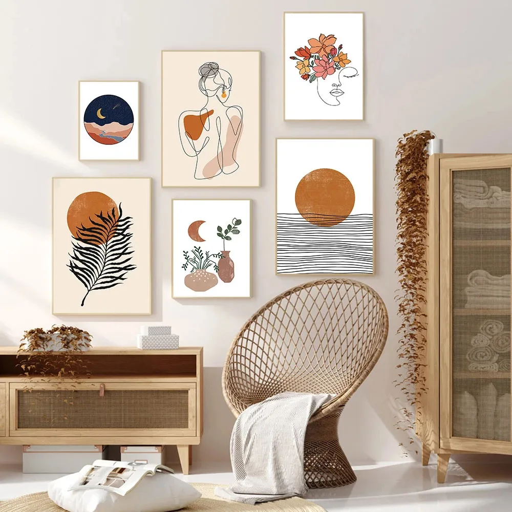 

Abstract Boho Wall Art Canvas Painting Flower Line Woman Poster Sun Moon Print Posters Nordic Wall Pictures Living Room Decor