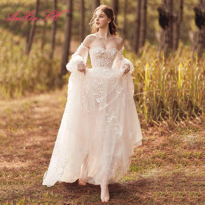 

Женское свадебное платье с длинным рукавом AnXin SH, белое кружевное платье трапециевидной формы с длинными рукавами, вырезом лодочкой и молнией, в стиле ретро, для невесты