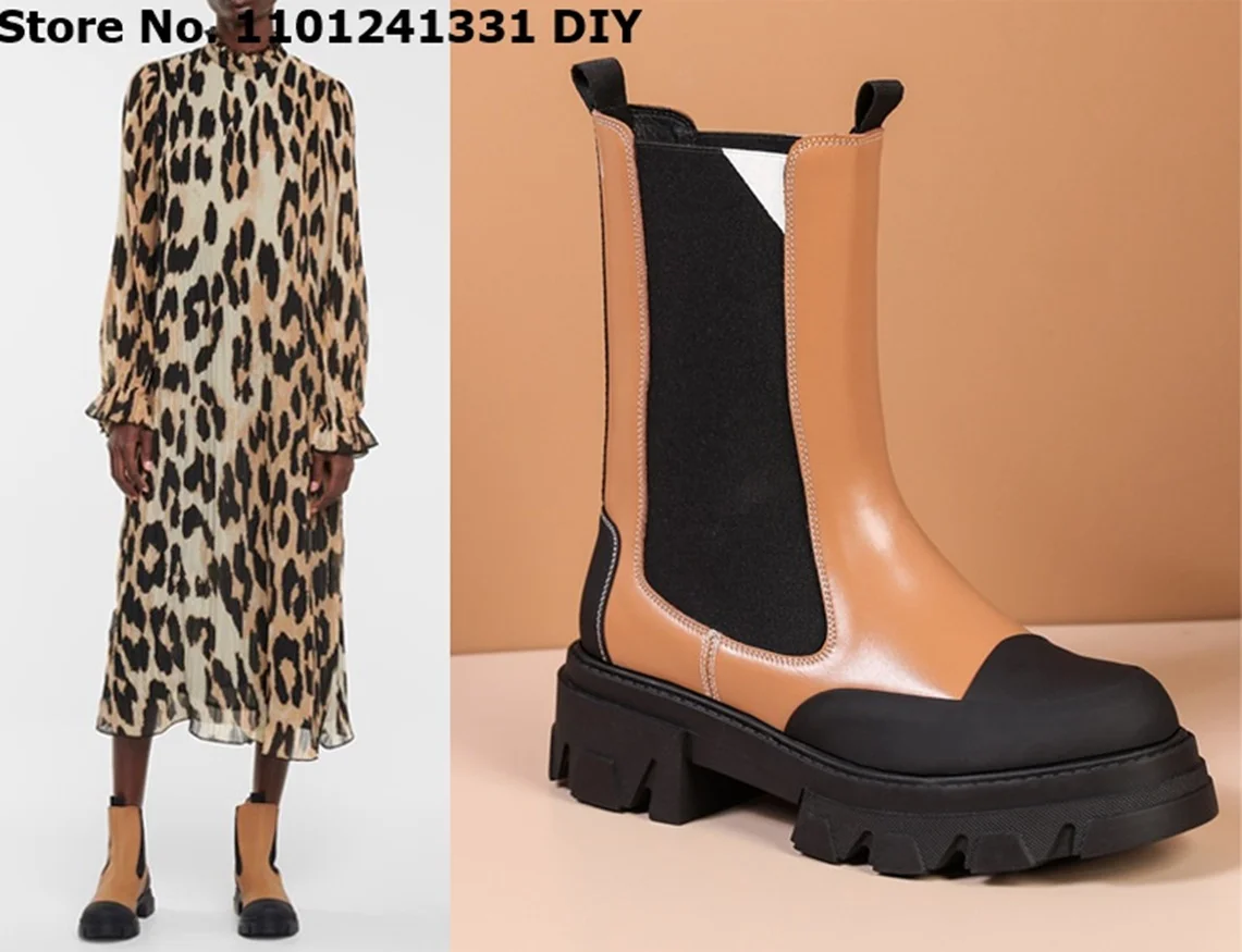 5.5cm Platform Real Cow Leather Elastic Slip On Short Boots Women Autumn Winter Mid Calf Boots Plus Size 43