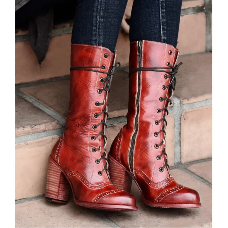 

Cowboy Boots Retro Western Boots Round Toe High Heels Ladies Shoes Lace Up Zipper Thick Heel Knight Boots Red Cowgirl Boots