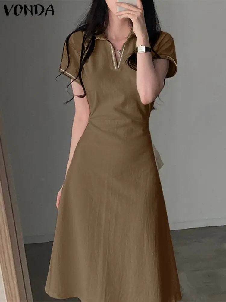 

2023 VONDA Elegant Midi Dress Fashion Summer Shirt Sundress Casual Loose Solid Color Short Sleeve Lapel Vestidos Robe Femme