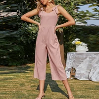 women sleeveless cotton linen wide leg rompers elegant shoulder bow jumpsuits summer holiday beach casual solid jumpsuit female