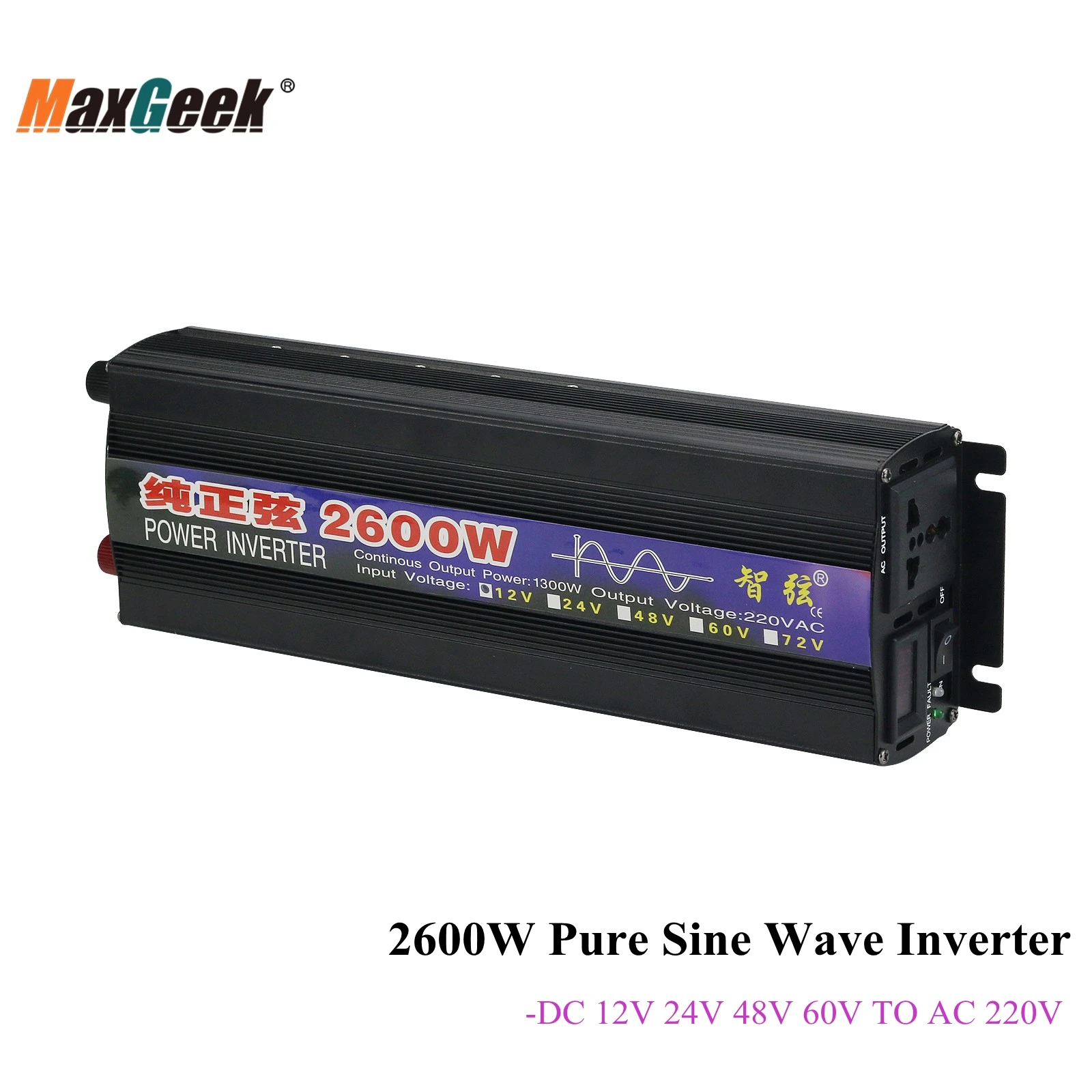 

Инвертор мощности Maxgeek 2600 Вт, чистый синусоидальный сигнал, один цифровой экран (12 В/24 В/48 В/60 в до 220 В) для домашнего и полевого использования