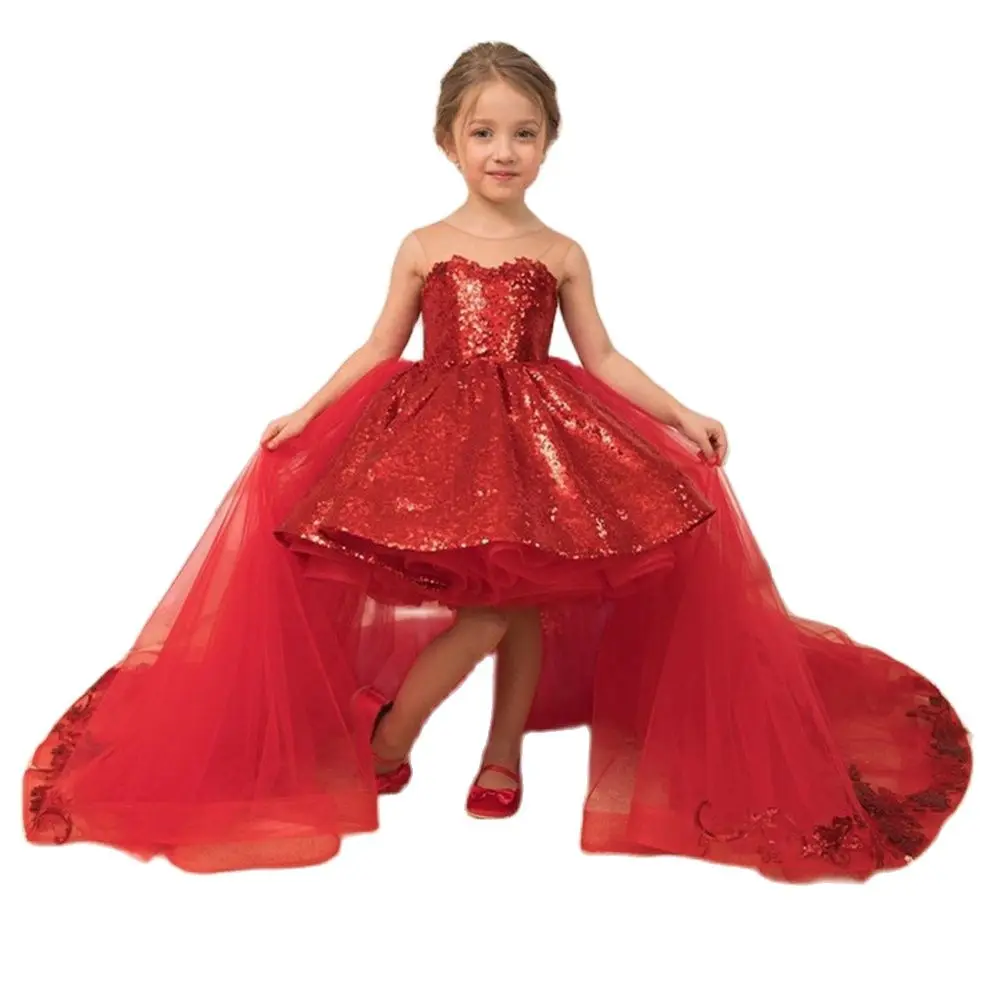 

Блестящие Красные Платья с цветочным принтом для девочек бальное платье из тюля с аппликацией и бантом со съемным шлейфом, детское празднич...