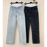 22 spring designer high waisted jeans for women spliced double waist button fly straight pants high quality fashion denim pants