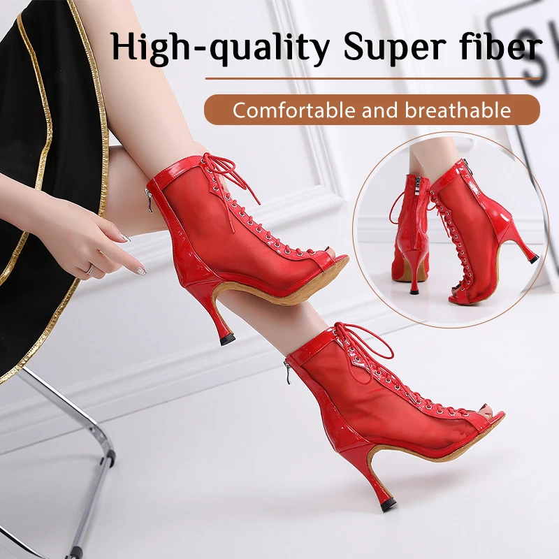 Hipposeus Black Latin Dance Shoes Woman Ladies High Heels Tansparent Mesh Kizomba Bachata Stage Performance  Soft Bottom Party