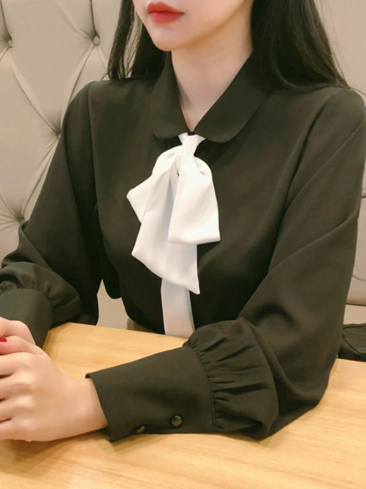 

Chiffon Blouses Shirts New Hot Sales Preppy Style Girls Bow Tie Tops Cute Sweet Korean Temperament Lady Peter Pan Collar Shirt