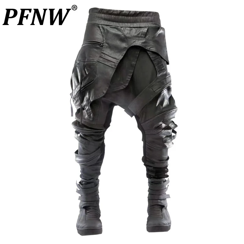 

PFNW Spring Autumn New Men's Cotton Wax Faced Hollow Out Asymmetric Skirt Piece Overalls Techwear Slim Casual Tide Pants 28A1567