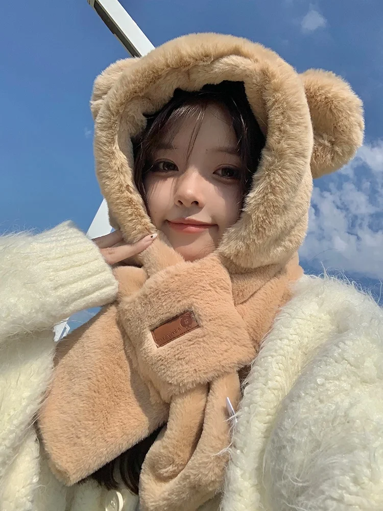 Шляпа интегрированный шарф женский зимний толстый теплый с капюшоном милые