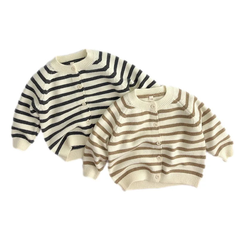 

Модный детский свитер, пальто, Осенний вязаный кардиган в полоску, Весенняя повседневная детская куртка, Корейская одежда для мальчиков и девочек, наряд 2023