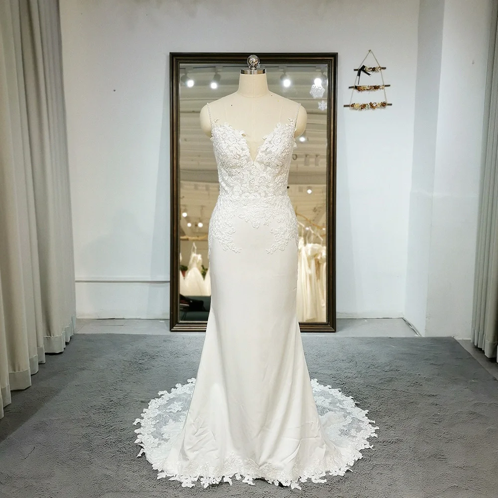 Фото Новейшее свадебное платье трапециевидной формы без рукавов Robe De Mariee Illusion с открытой спиной на заказ, кружево с v-образным вырезом и открытой спиной, великолепные платья de novia №3