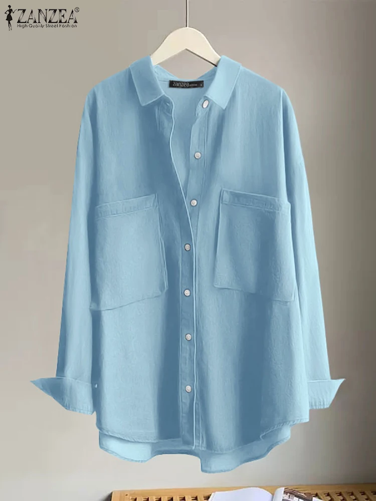 

Коллекция 2023 года, рубашки ZANZEA из денима, Стильные топы с воротником с лацканами, женская рубашка с длинным рукавом, офисная одежда, элегантные однотонные женские блузы