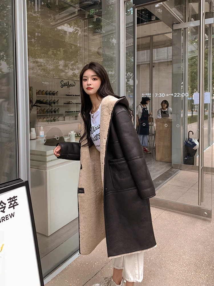 Genuine Leather Hooded Mid-Length Fur Coat Women's New Coat Motorcycle Clothing Women's Autumn and Winter