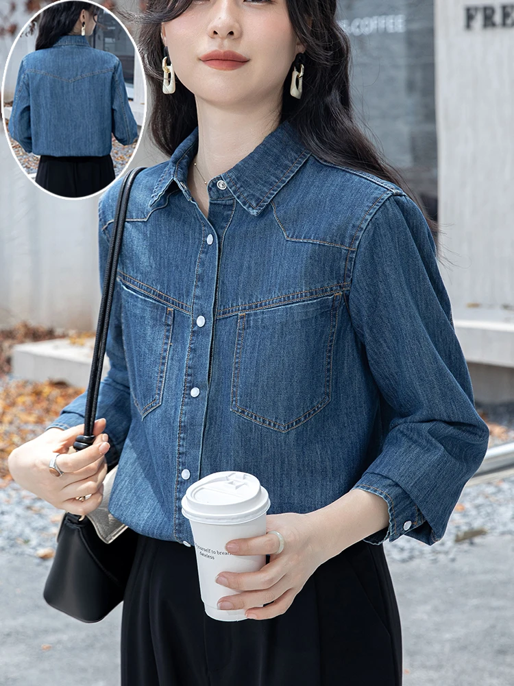 Retro Blue Long sleeve Demin shirt Women Early Autumn Thin Polo Collar Stacked Shirt Wear Inner wear French sle Casual Top |