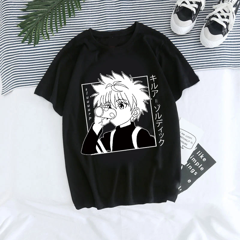 

Японская Футболка с принтом персонажа Hunter X Hunter, хлопковая футболка унисекс с коротким рукавом, кавайная футболка в стиле Харадзюку для лета