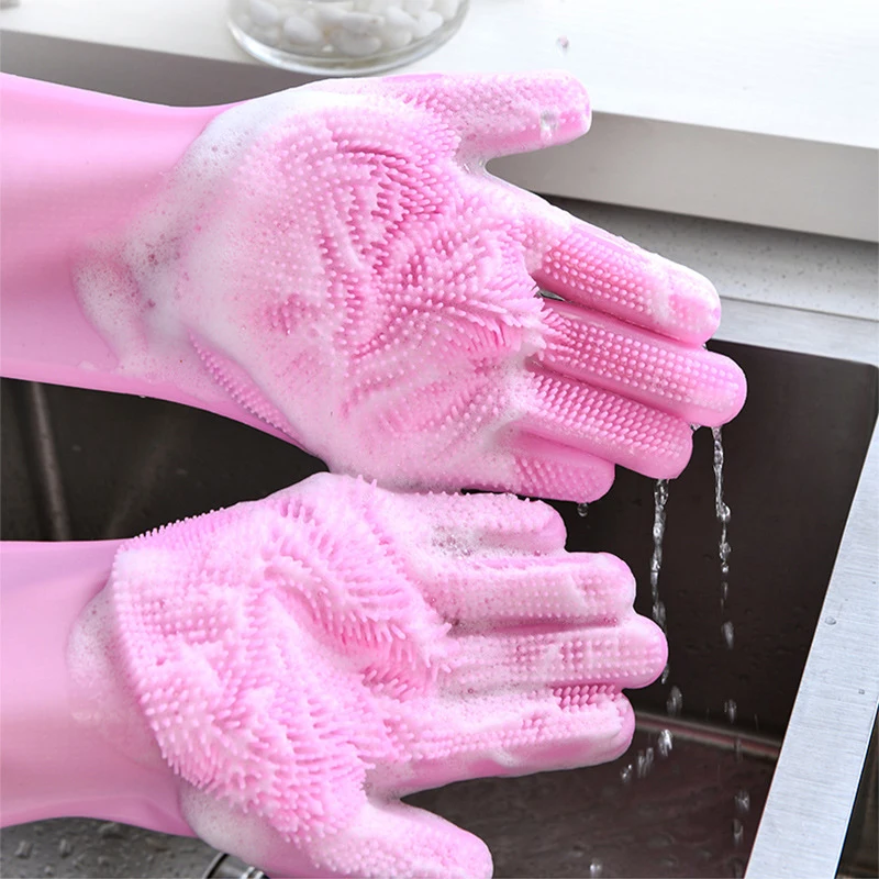 1Pair Dishwashing Cleaning Gloves Silicone Rubber Sponge Glove Household Scrubber Kitchen Clean Tool Housework Bathroom Cleaning