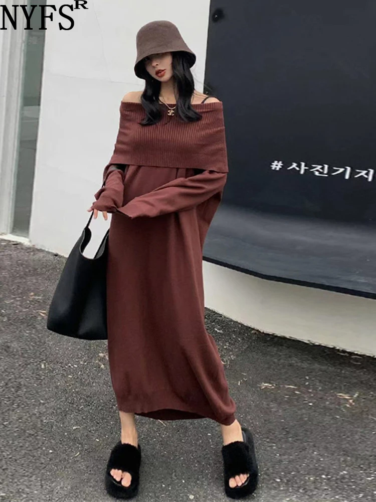 

NYFS 2023 Winter New Korea Woman Dress Vestidos Robe Elbise Loose Plus Size Double-Layer Turtleneck One-Shoulder Sweater Dress