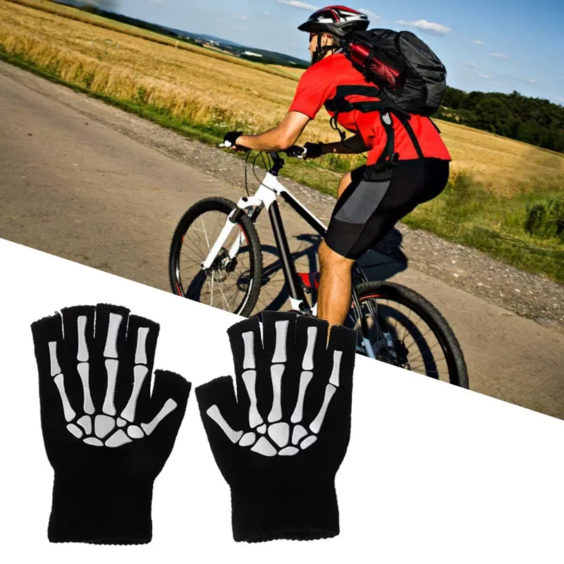 

Knitting Gloves for Adult Solid Acrylic Half Finger Glove Human Skeleton Head Gripper Print Cycling Non-slip Wrist Gloves