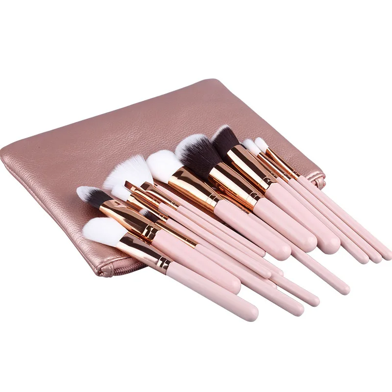 

15pcs Pincel Maquiagem Powder Eye Kabuki Brush Complete Kit Cosmetics Beauty Tools Pink Makeup Brushes Set with Leather Case